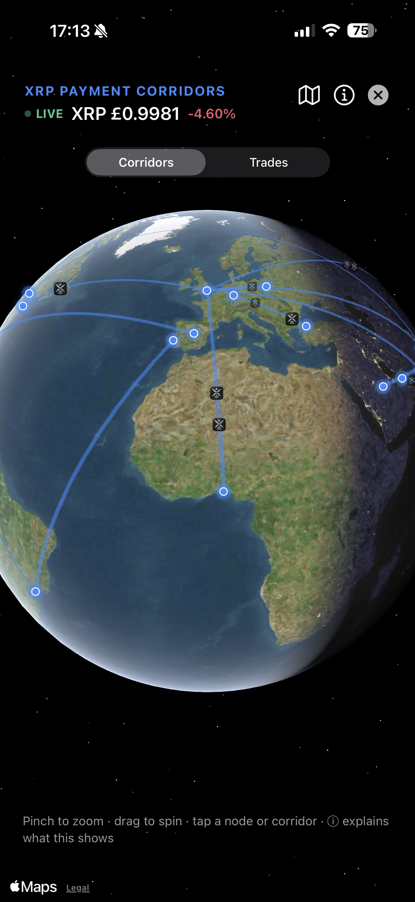 Live payment-corridor globe in XRP Maxi