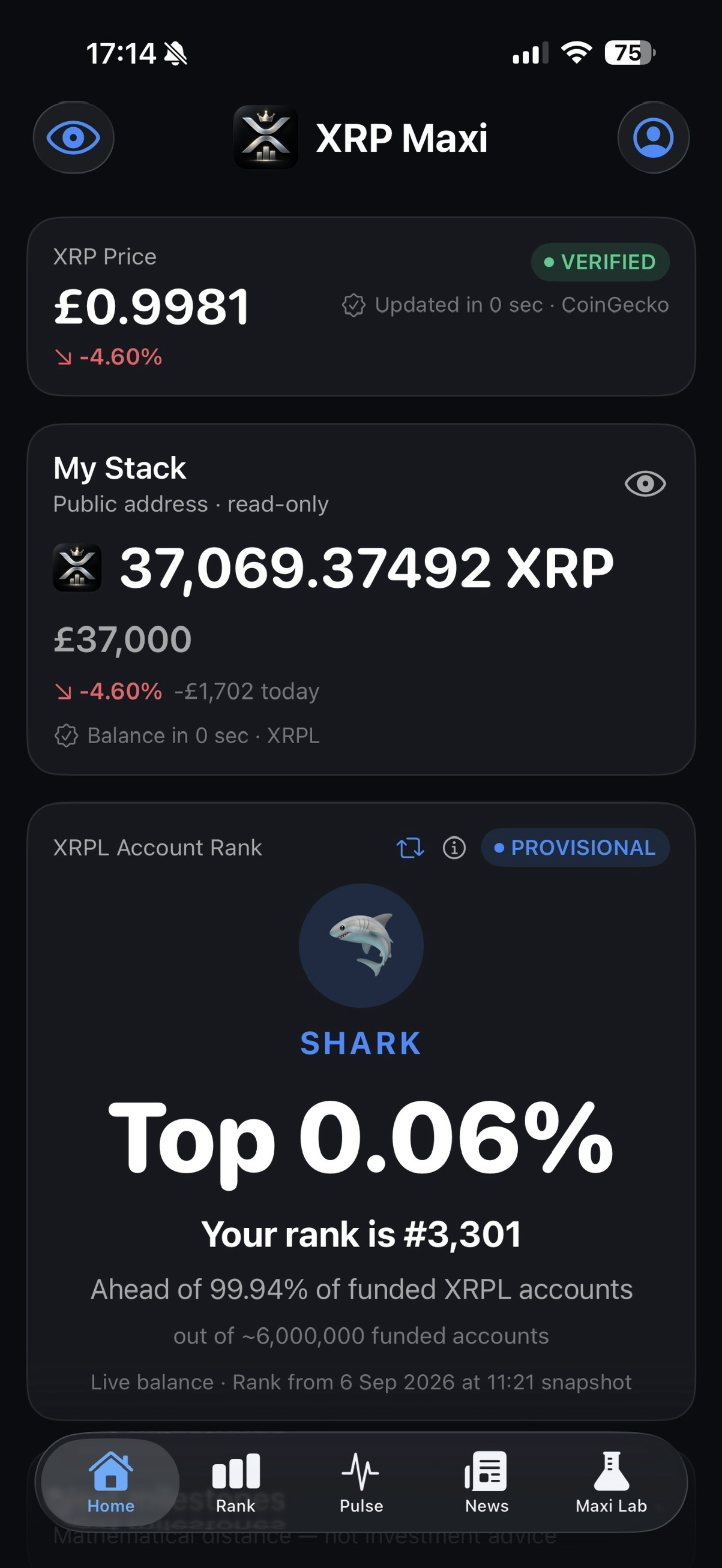 XRP Maxi home dashboard