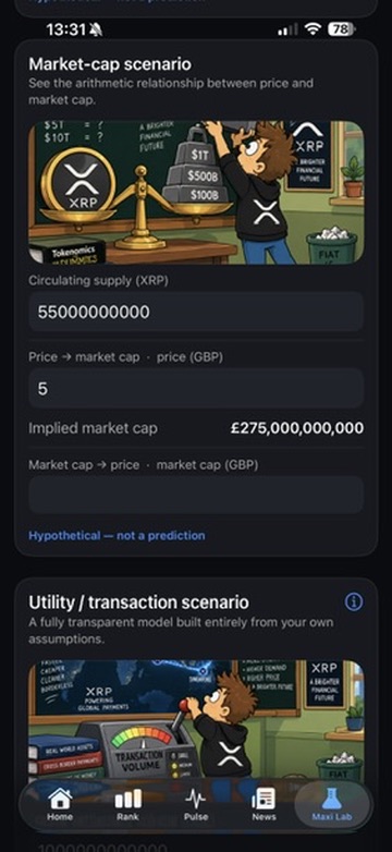 Maxi Lab market-cap and utility models showing the arithmetic between price, circulating supply and settlement volume
