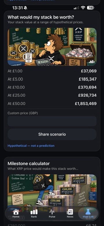 Maxi Lab stack-value table and milestone calculator showing the price needed to reach each goal